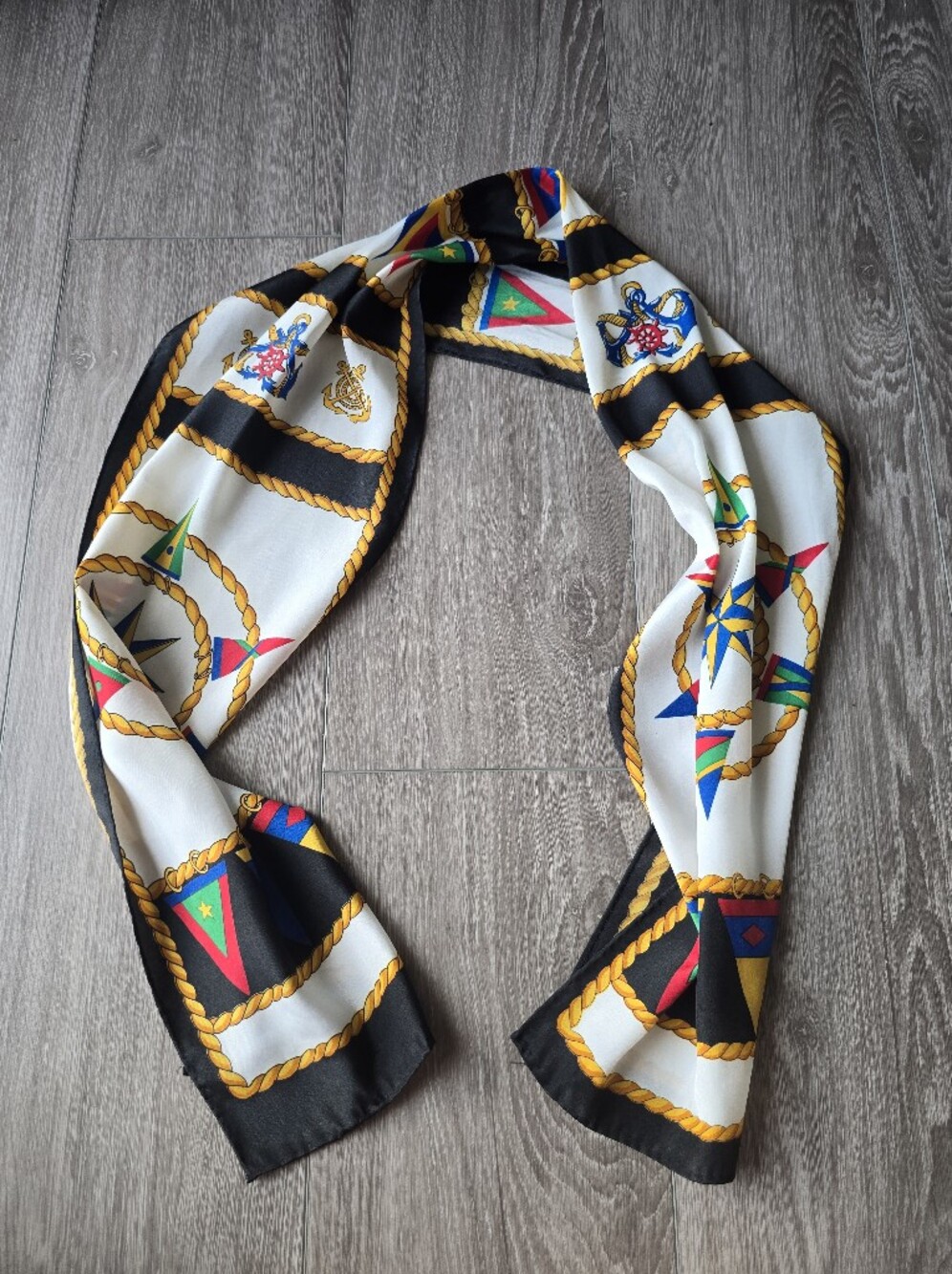 Vintage Nautical Scarf Long Black Gold Anchor Compass Rope Signal Flag Print